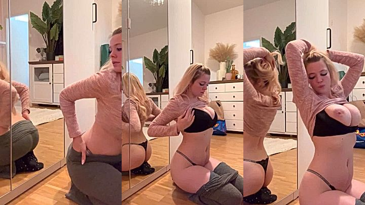 hot babe Anne Wünsche checking her fat her in the mirror and show her tits what to grab her huge boobs