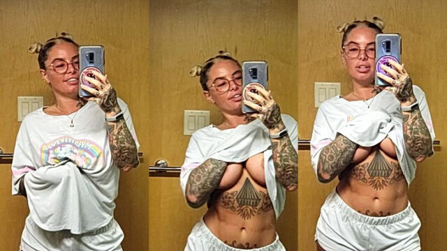 naughty model Christy Mack took off her top to rub her bare tits more comfortably