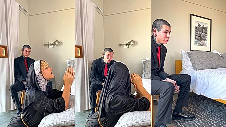 Sabrina Nichole goes down on her knees to suck on the preist cock