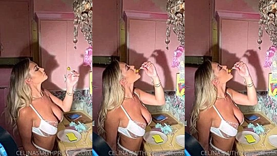 naughty hot girl Celina Smith eat in her sexy white lingerei showing off her curves and massive big boobs