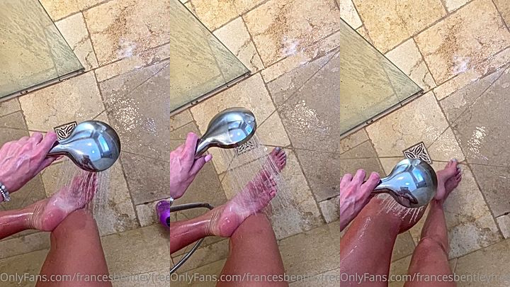 Frances Bentley showing her feet in the shower