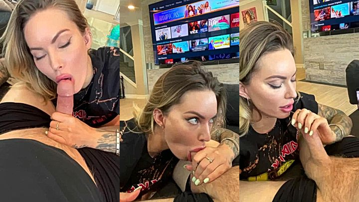 stepmom Viking Barbie knees and sucks her stepson big cock