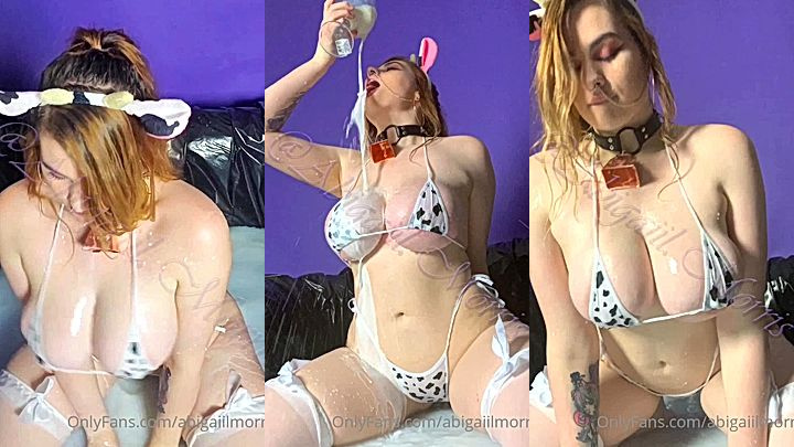sexy onlyfans model Abigaiil Morris pour milk on her big tits in lingerie and jiggles them