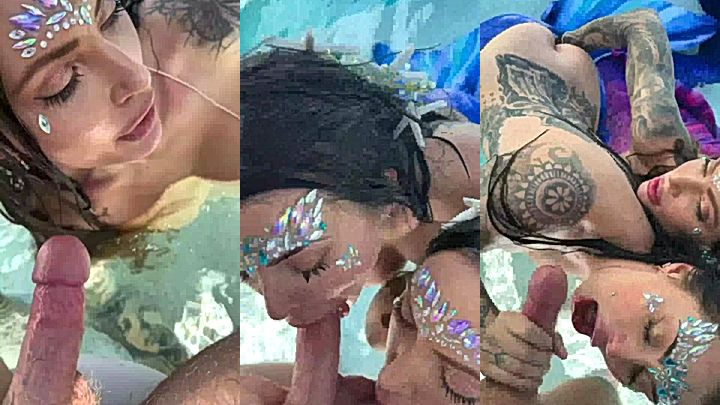 two sexy hot onlyfans models share huge cock in the pool, they gags on it hard till they cum