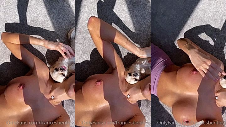 horny hot model Frances Bentley plays with her dog showing her big massive tits upclose
