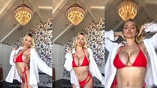 naughty sexy hot bad bitch Lindsey Pelas flaut her big boobs in red lingerei immediately she woke up