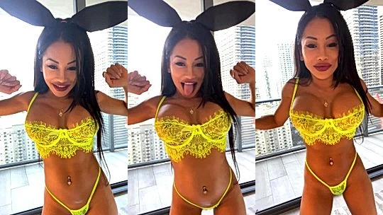 onlyfans leak babe CJ Miles titty tease in yellow lingerie like a slut leaked onlyfans video
